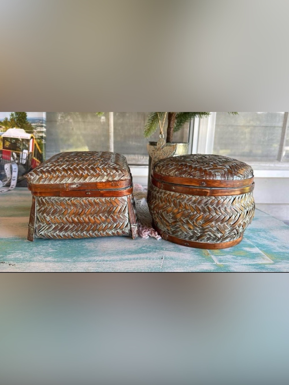 Set of 2 Distressed Woven Wicker Baskets Round and Square 7x5 Lidded Bombay